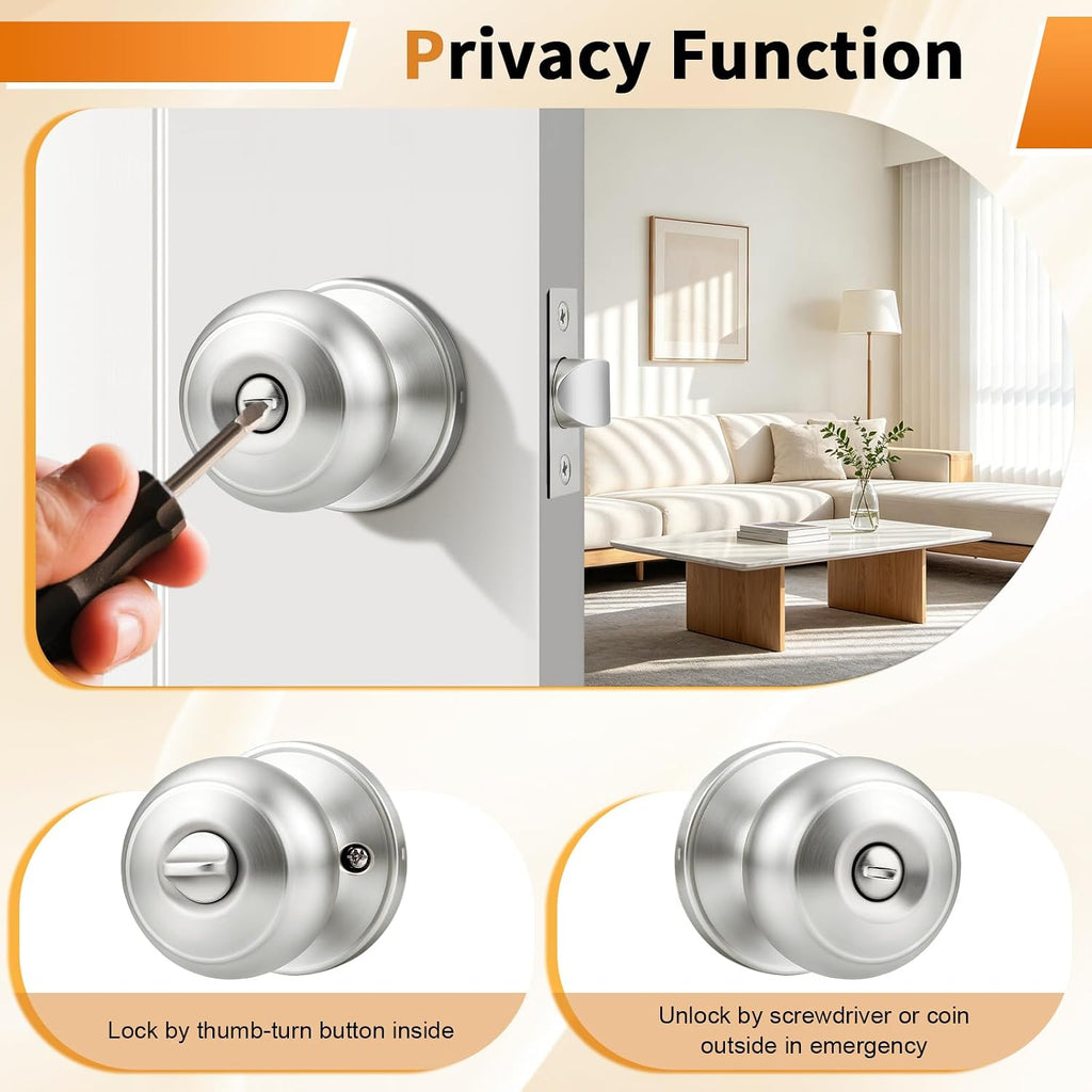 Brushed Nickel Interior Door Knobs, Privacy Door Knob Bedroom, Stainless Steel Door Knob for Interior Door, 10 Pack