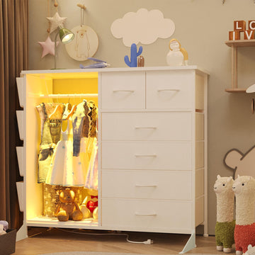 6 Drawer Dresser with Clothes Rack, Clothes Dresser with Side Pockets and Hooks, Charging Station & LED Lights
