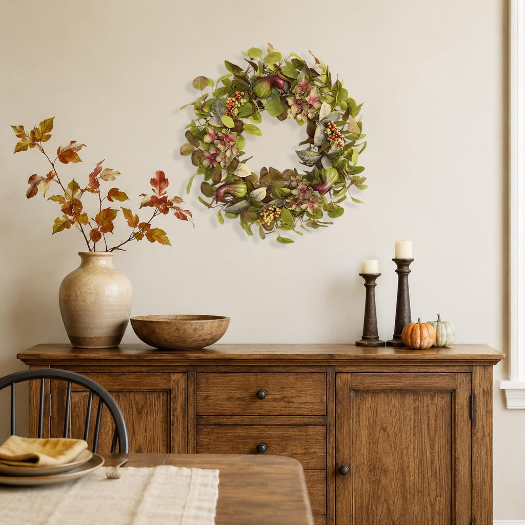18 Inch Hydrangea Fall Wreath with 3 Pumpkins and 3 Berry Clusters