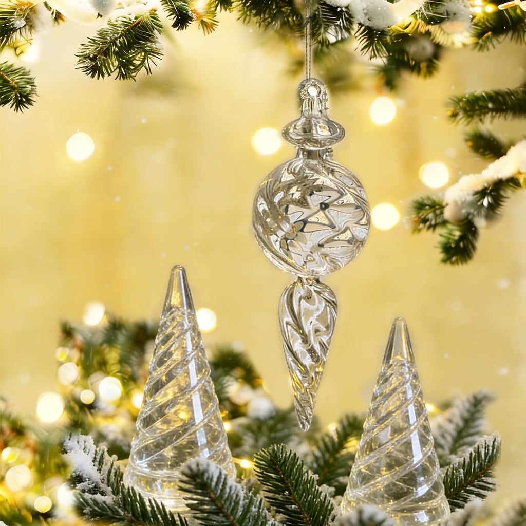 6-Inch Hand-Blown Glass Finial Christmas Tree Hanging Ornaments -Large Elegant Clear Glass Vintage Holiday - Set of 6