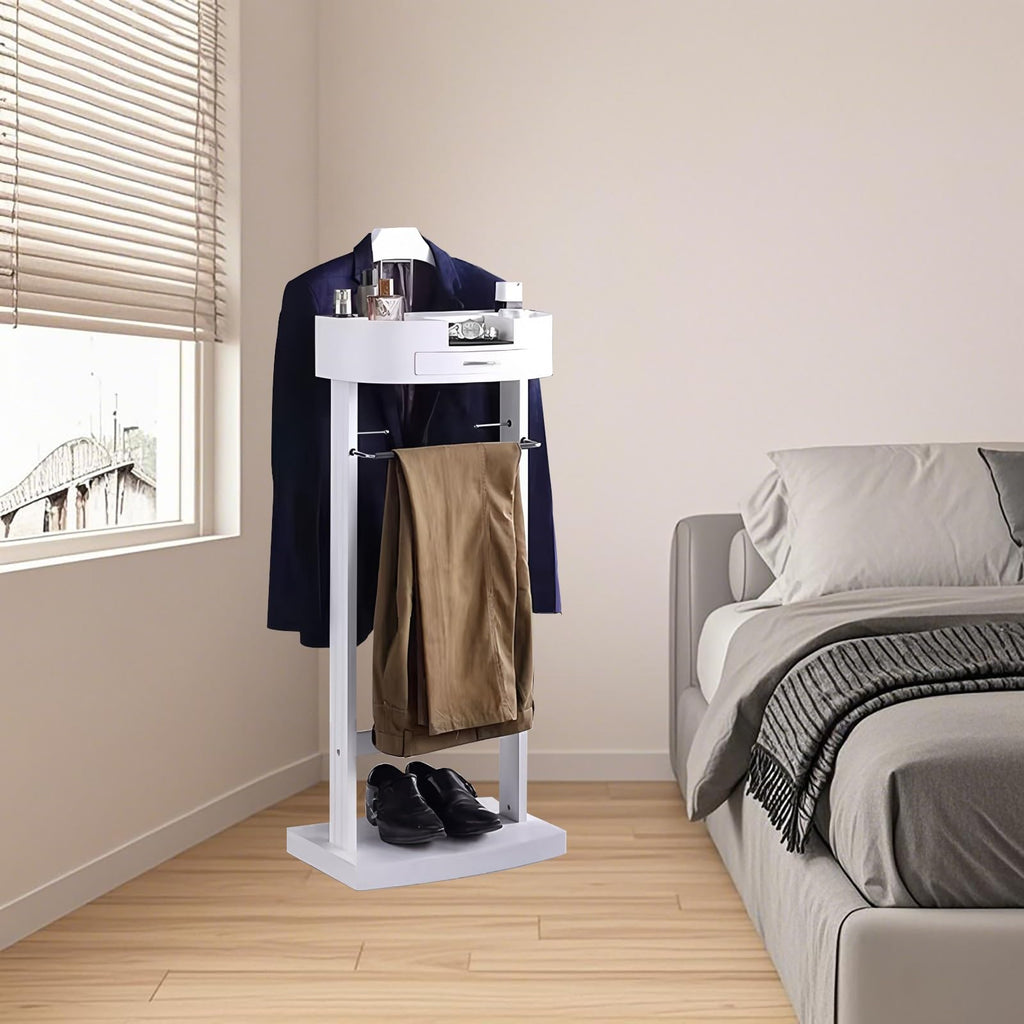 Wood Valet Stand with Drawers, White Men's Valet Stand with Sturdy Base, Suit Valet Stand, Load Capacity 50kg