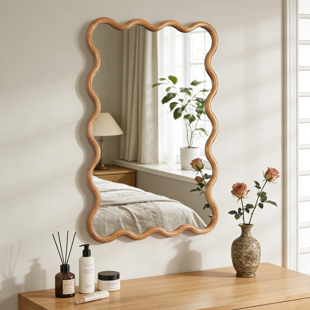 28"x40" Large Wavy Wood Mirror, Natural Wood Boho Accent Wall Mirror with Solid Wooden Frame, Decorative Wall Mirror