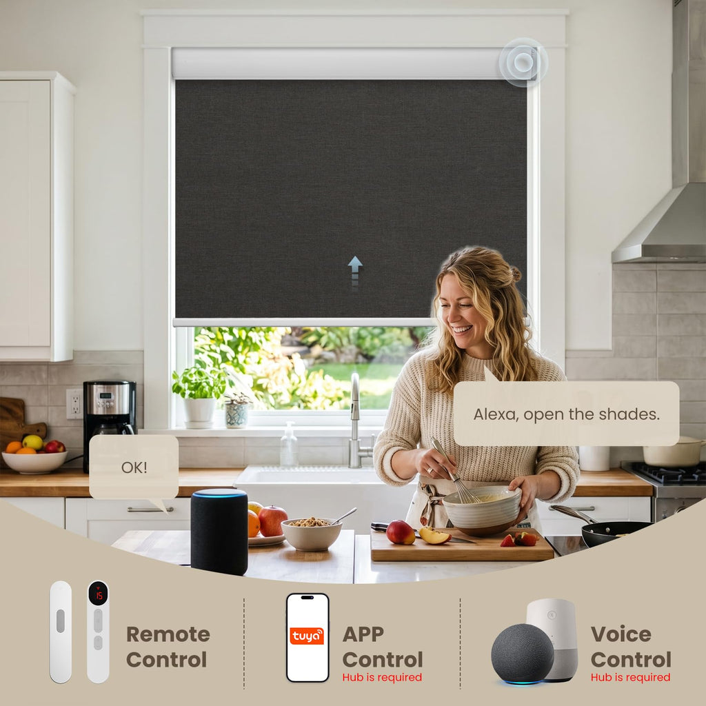 Motorized Blinds with Remote, Smart Roller Shades, Black, "