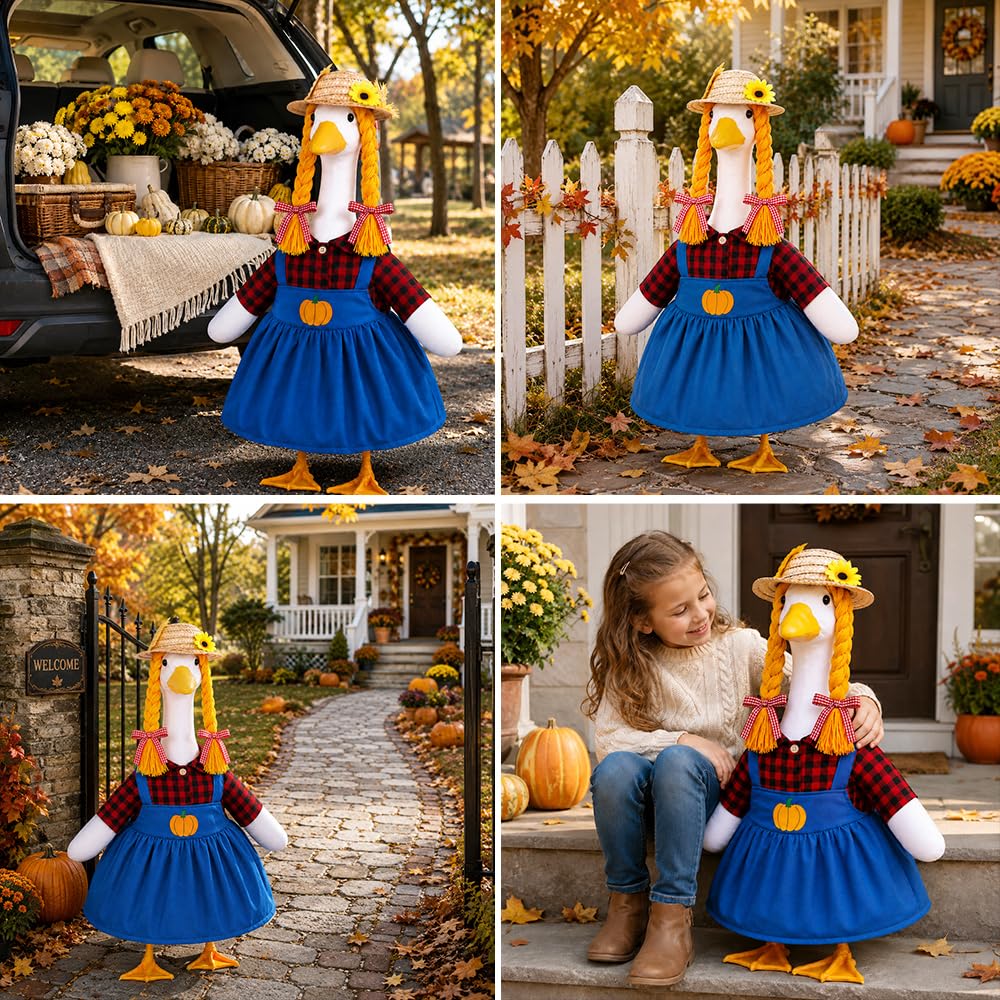 Fall Porch Goose Outfits Pumpkin Dress for 23" Plastic Cement Porch Goose Statue for Harvest Autumn Girl Outdoor