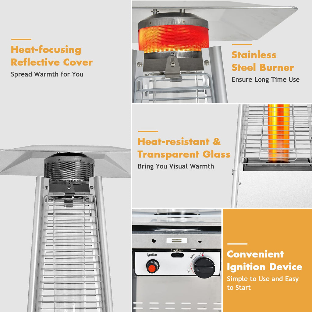 90-inch Outdoor Patio Heater, 42000 BTU Portable Outdoor Pyramid Propane Heater with Wheels, Quartz Glass Tube, Auto