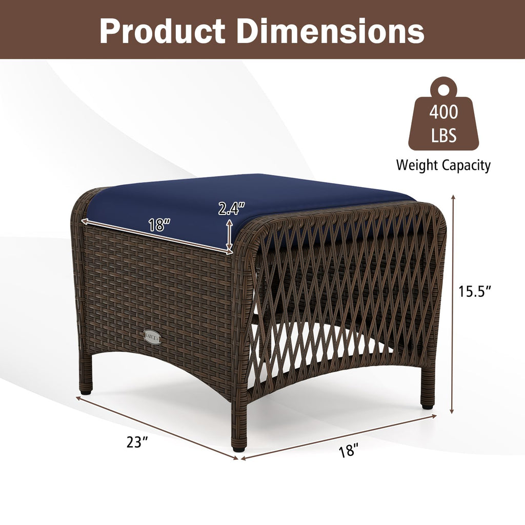 2 Pieces Wicker Outdoor Ottoman with Removable Cushions