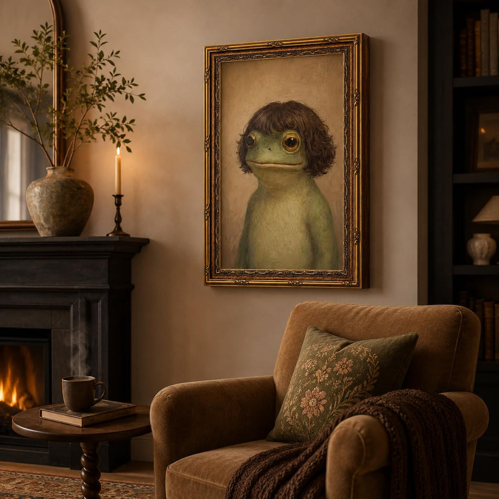 Gold Framed Funny Frog Portrait Wall Art, Quirky Canvas Print, 24x16