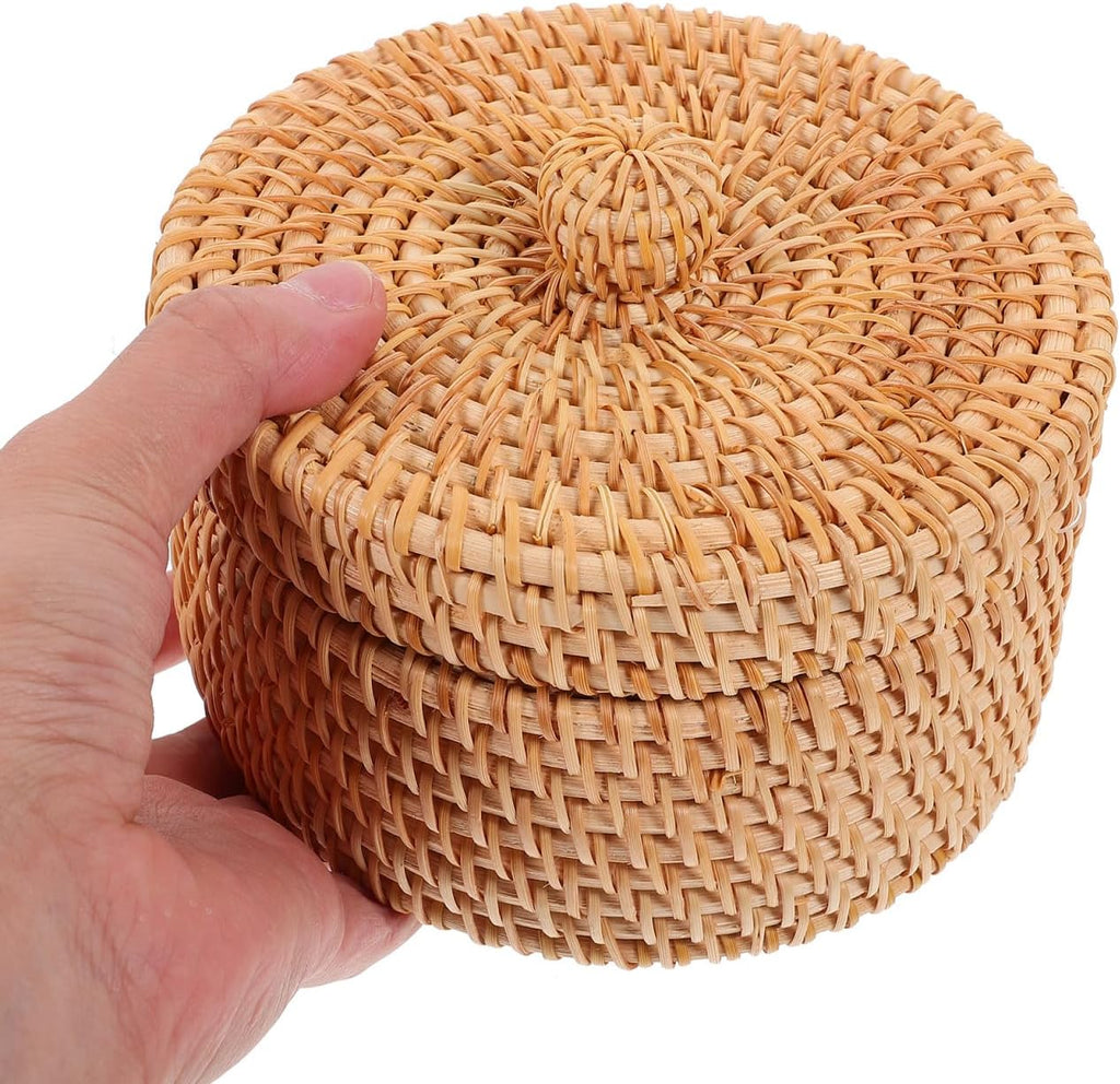Small Rattan Basket with Lid Round Woven Desktop Storage Box for Makeup Jewelry and Sundries Compact Organizer