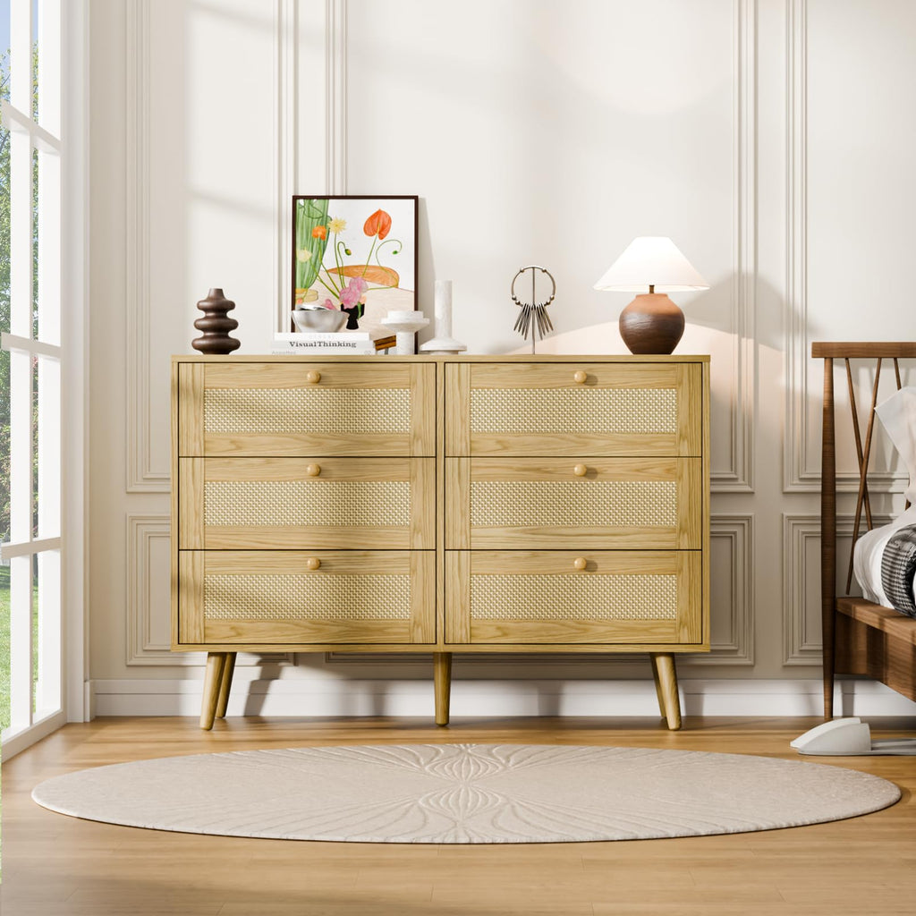 6 Drawer Dresser, Rattan Chest of Drawers, Oak