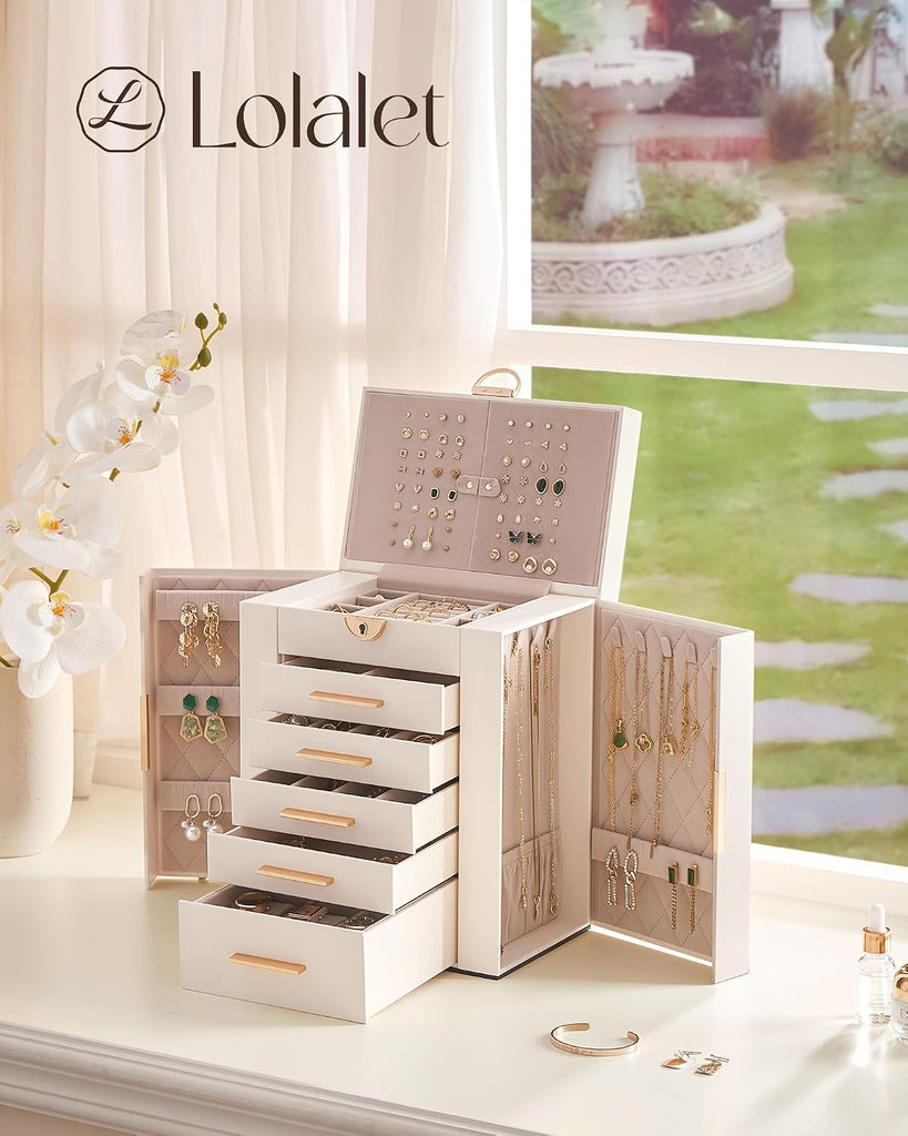 Large Jewelry Box, 6-Layer Jewelry Organizer with 5 Drawers -Beige