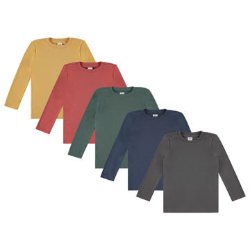 Pack Toddler Boys' Solid Long Sleeve Tees- Five Timeless Cotton Blend Crewnecks in Rich, Modern Colors