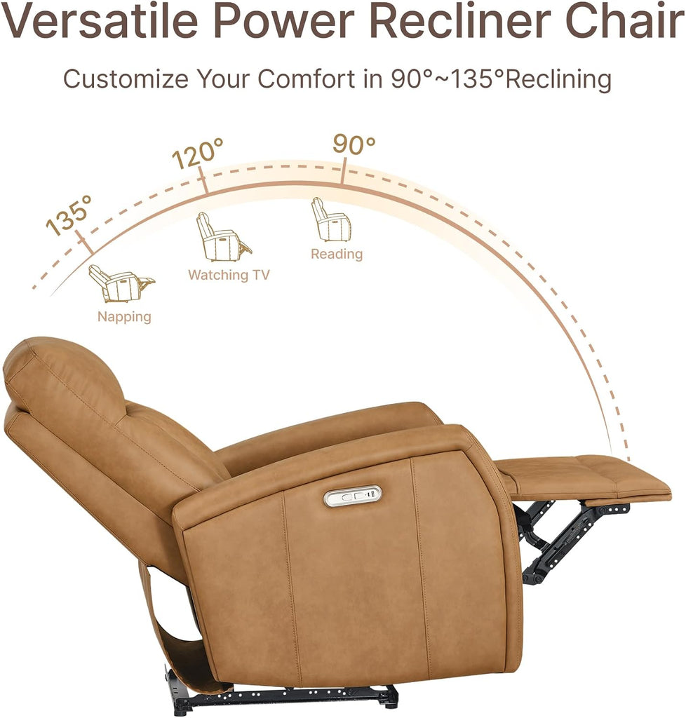 Wall Hugger Power Recliner Chair with USB & Type-C Ports Faux Leather Recliner 135° Reclining Small Space Electric