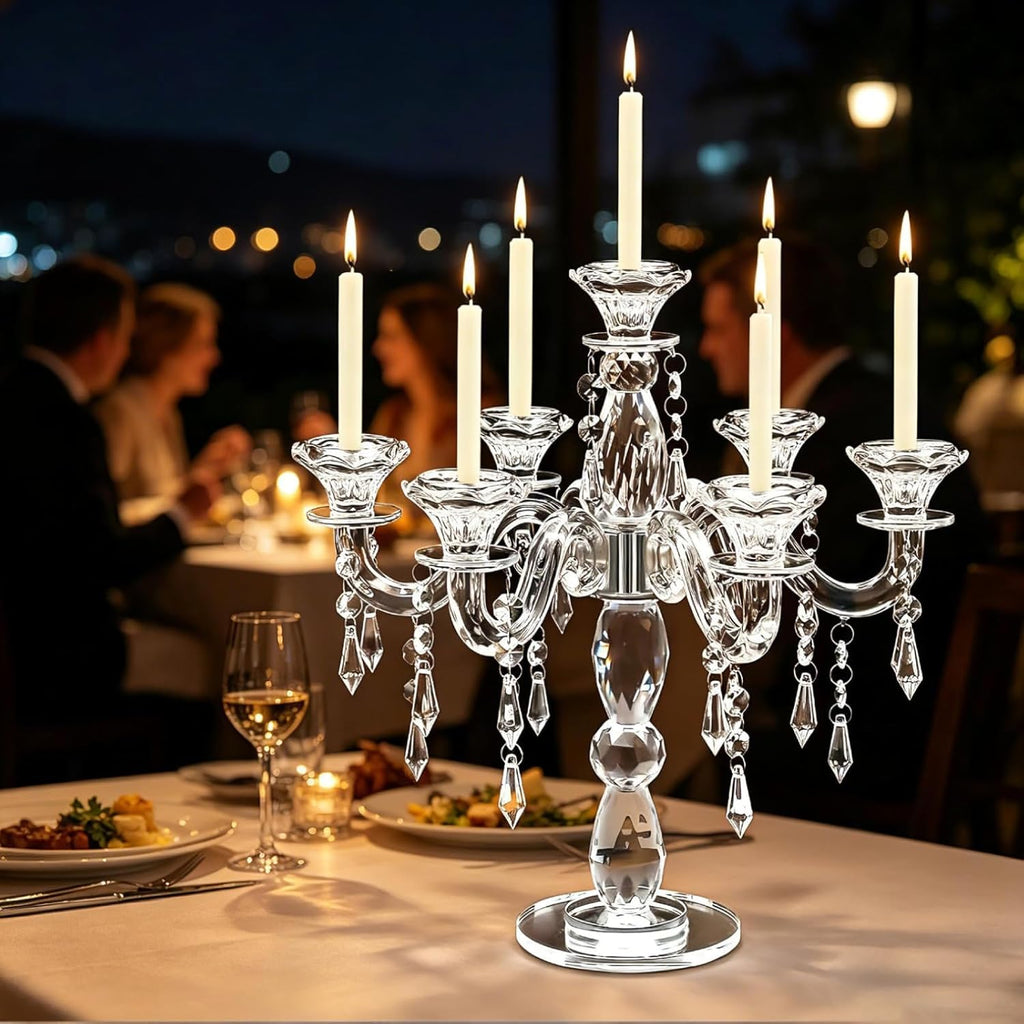 Glass Candle Holder, 7-Arm 14 Inch Clear Glass Candelabra Centerpiece, Glass Taper Candlestick Holdercor