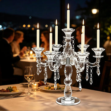 Glass Candle Holder, 7-Arm 14 Inch Clear Glass Candelabra Centerpiece, Glass Taper Candlestick Holdercor