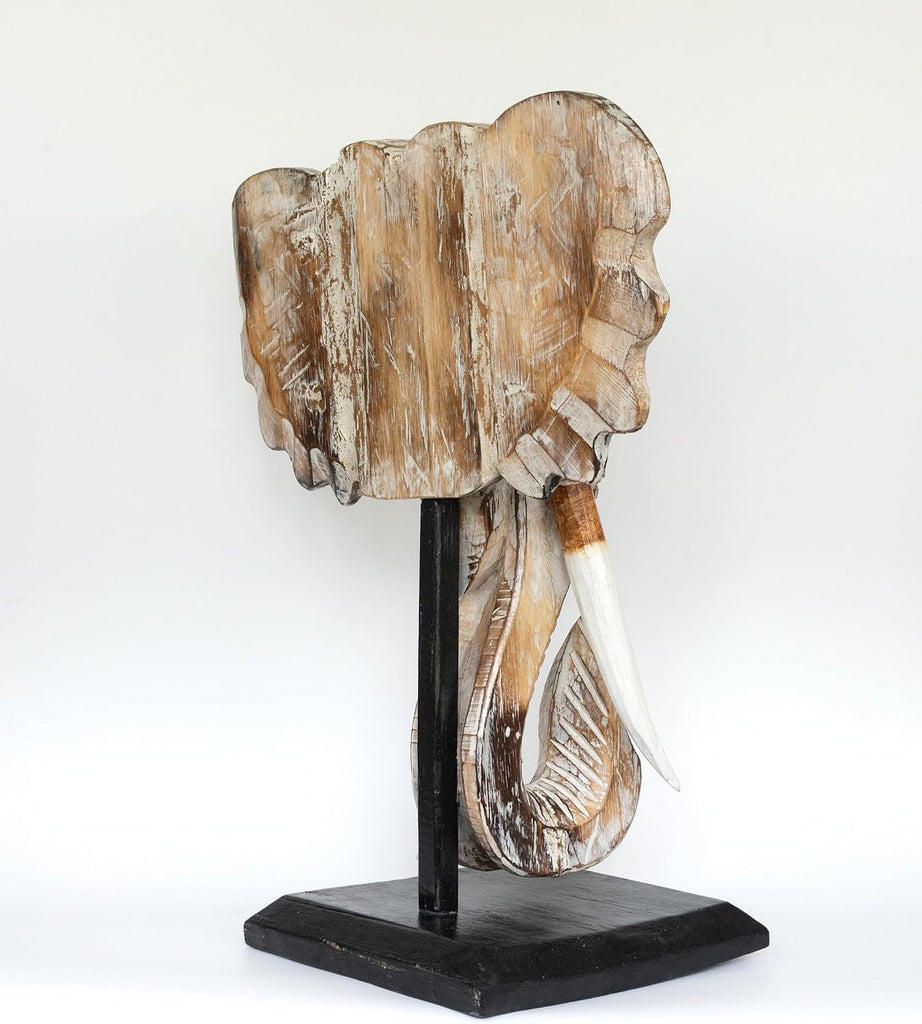 14" Exotic Handcrafted Wooden White Wash Elephant Mask Bust Statue on Stand Sculpture Home Decor Hand Carved Art