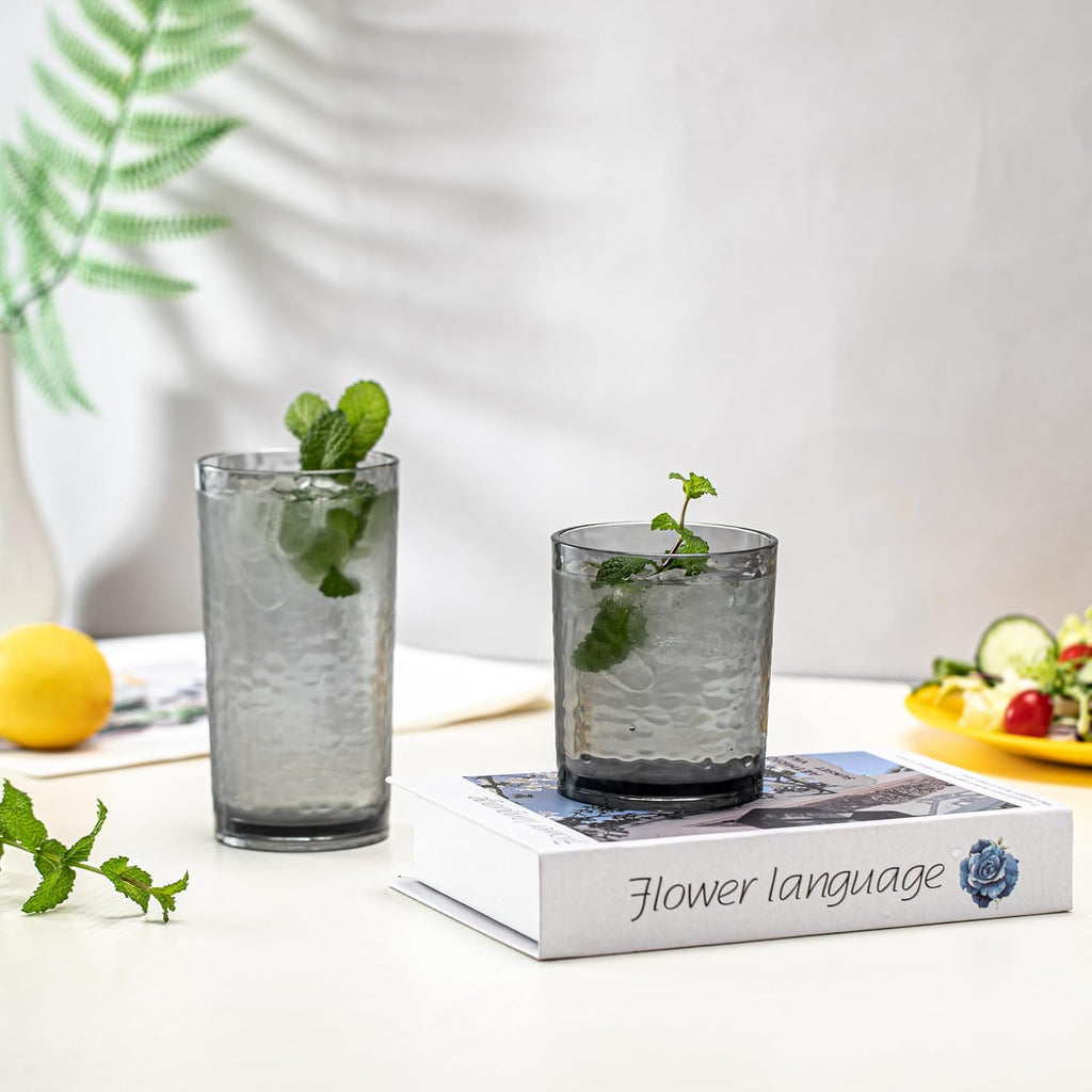 14-ounce and 20-ounce Acrylic Glasses Plastic Tumbler, set of 8 Smoky Grey - Hammered Style, Dishwasher Safe, BPA Free
