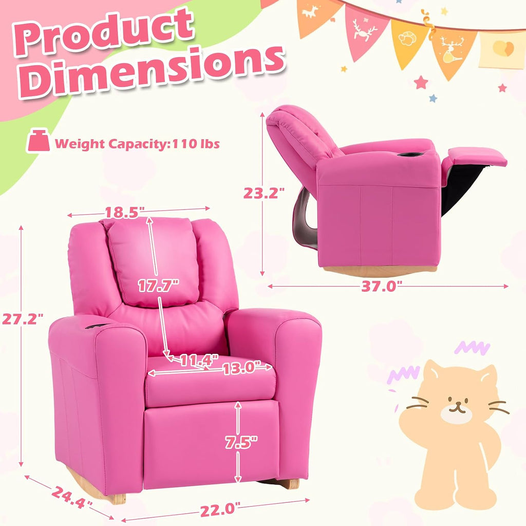 Kids Recliner Chair with Cup Holder, Leather Toddler Recliner with Adjustable Backrest, Curved Rocking Legs and Comfy