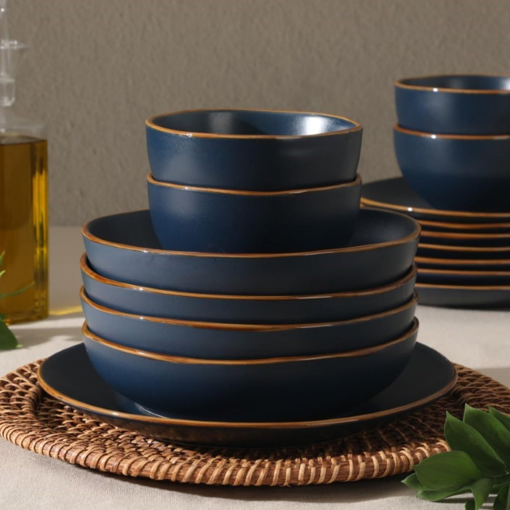 Hazeltine 16-Piece Navy Blue Stoneware Dinnerware Set - Plates and Bowls, Durable Ceramic Kitchen Dinner Set