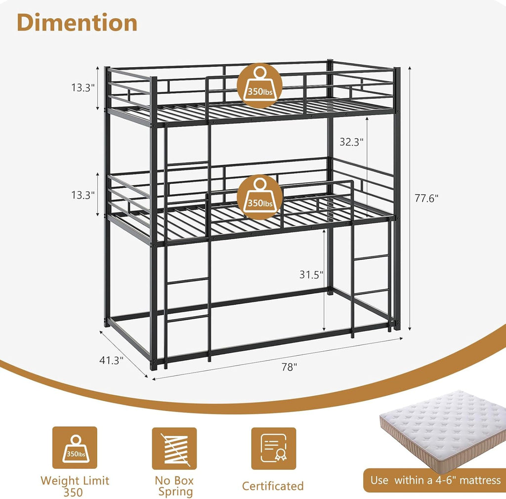 Triple Bunk Bed Twin Over Twin Over Twin, Metal 3 Bunk Bed for Kids, Teens and Adults