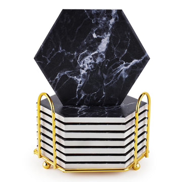 Black Coasters, Absorbent Coaster Set for Drinks Holder Marble Cork Costers