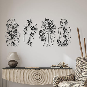 Metal Wall Art Decor Minimalist Abstract Woman Single Line Drawing Wall Art Female Home Decor Hanging Art Print - Set of 4