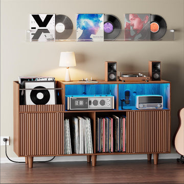 55" Large Record Player Stand with Power Outlets & LED Lights