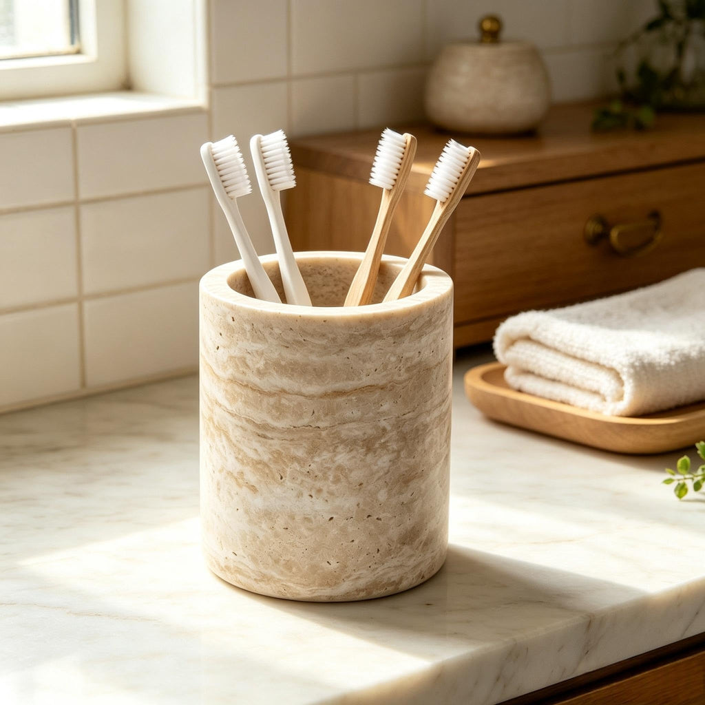 Natural Marble Canister, Cotton Swab Holder with Lid, Marble Toothbrush Holder Qtip Holder Storage for Cotton Swab