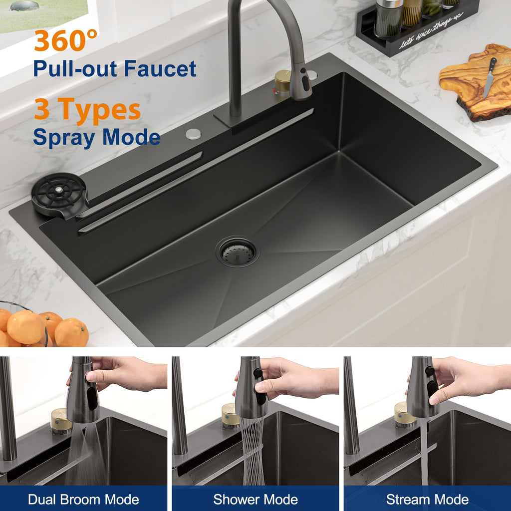 36 Inch Waterfall Kitchen Sink Workstation - 36x22 Black Waterfall Drop In Sink Stainless Steel 16 Gauge Sink