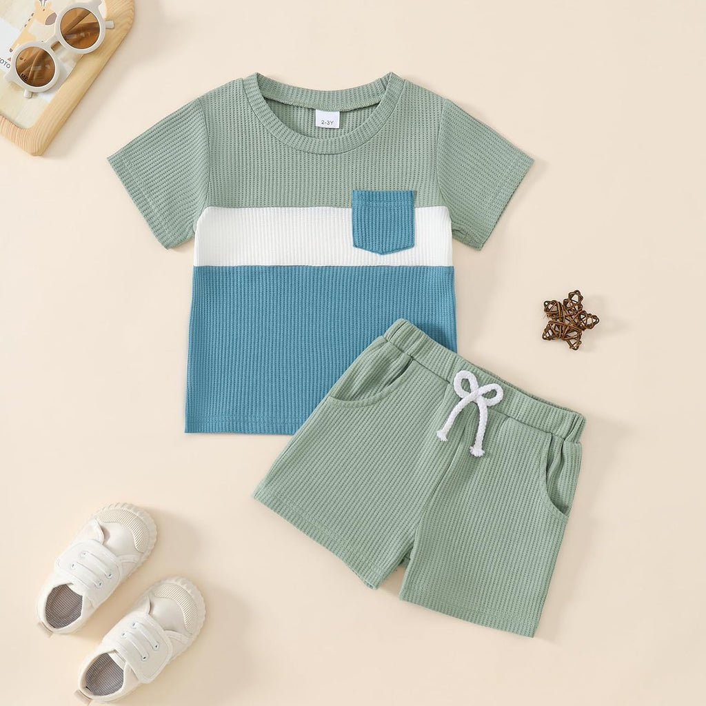 Toddler Baby Boy Summer Clothes Short Sleeve Color Block Waffle T-shirt Shorts 2pcs Outfit Set