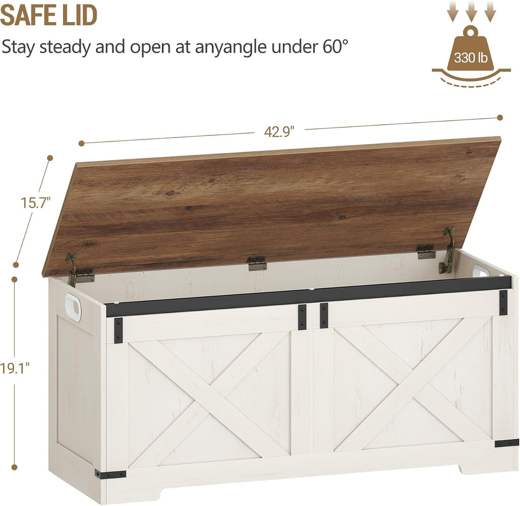 43" Storage Bench, Lift Top, 210L/55Gal Storage Chest | Retro White, Farmhouse, FSC Wood, 330lb, Double Hinges