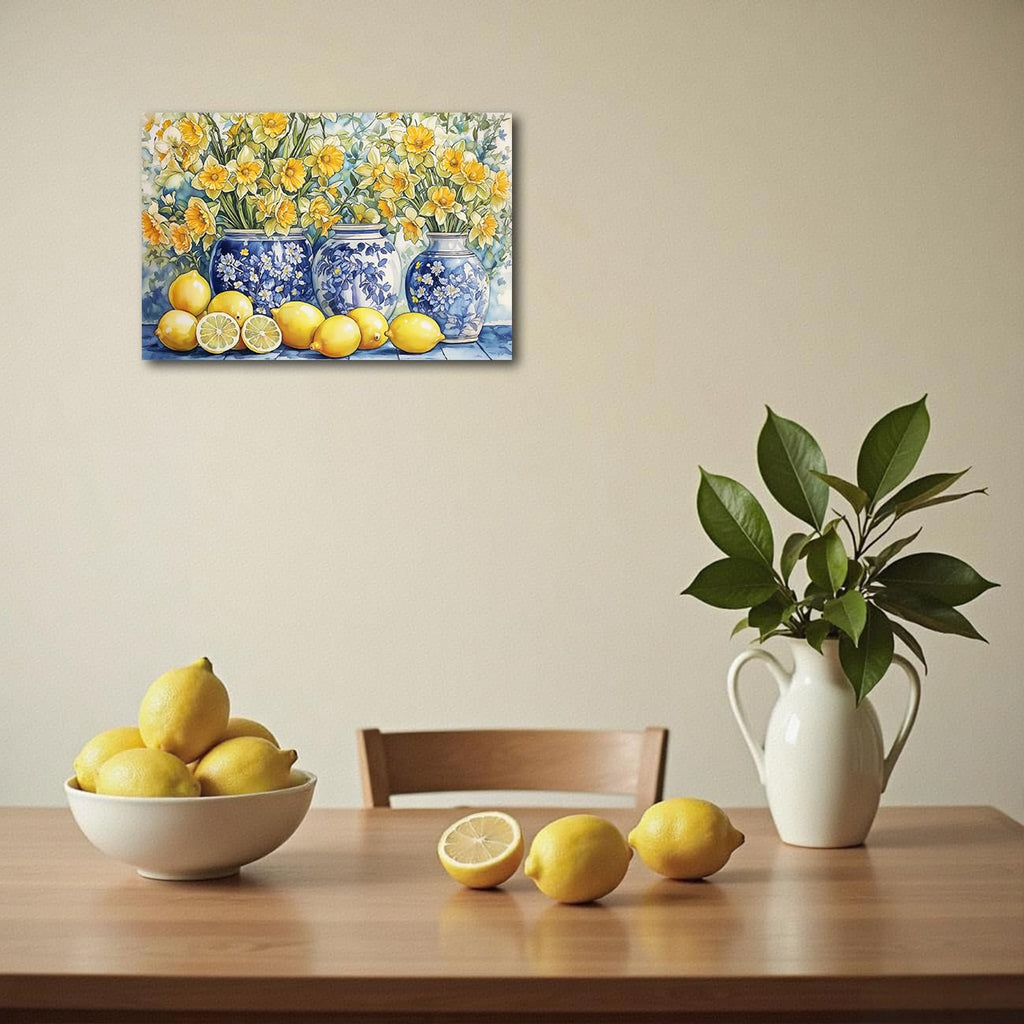 Lemon Wall Art Kitchen Pictures Yellow Lemon and Blue Pottery on Table Painting Vintage Citrus Fruit Canvas Print