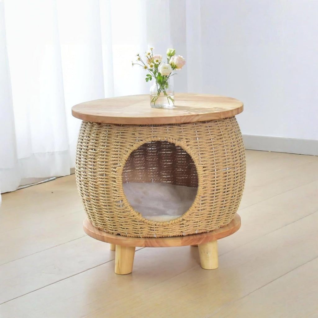 16" Wide Elevated Enclosed Handwoven Basket Cat Bed with Natural Solid Wood Base, Rattan Wicker Cat Cave Hideaway