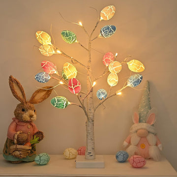 Easter Decorations 24 inch Pre-lit White Birch Tree with Easter Egg Ornaments, 24 Led Lights Battery Operated - Set of 24