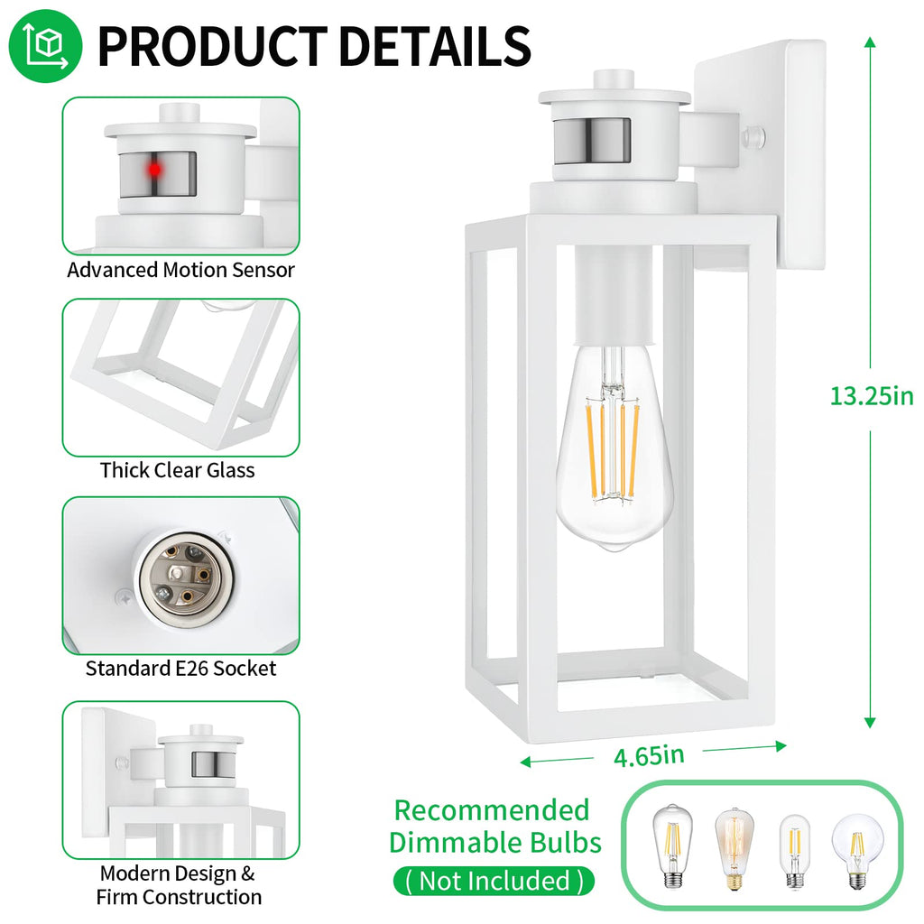 2-Pack Motion Sensor Outdoor Wall Lantern, Dusk to Dawn Exterior Light Fixtures Wall Mount, White Outside Light