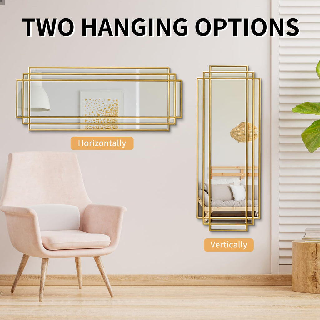 42"x16" Rectangle Beveled Wall Mirror with Black Geometric Frame
