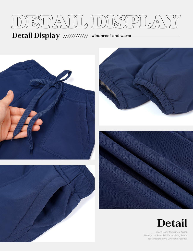 Fleece Lined Waterproof Rain Ski Winter Warm Hiking Pants for Toddlers Boys Girls with Pockets(Blue- )