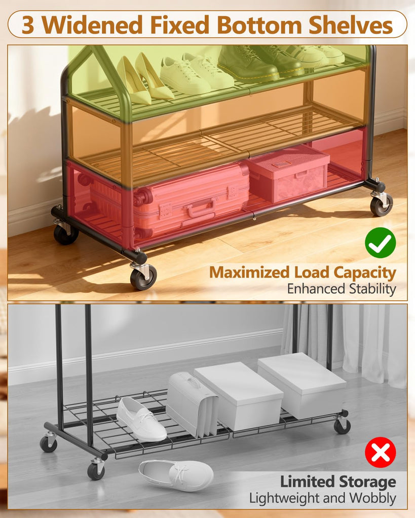 Heavy Duty Clothing Rack, Rolling Clothes Rack with 3 Shelves, Black