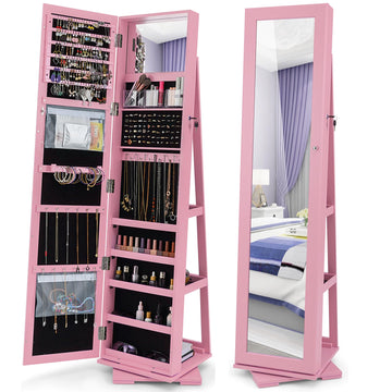 360 Rotating Jewelry Armoire Cabinet, Standing Jewelry Organizer w/Full-Length Mirror & Large Storage Space, Lockable