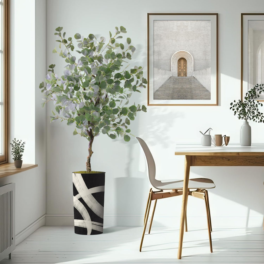 Artificial Tree in Geometric Pattern Planter, Fake Eucalyptus Silk Tree for Indoor and Outdoor Home Decoration - 66"