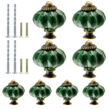 8pcs Dark Green Ceramic Pumpkin Knobs, Vintage Dresser Knobs