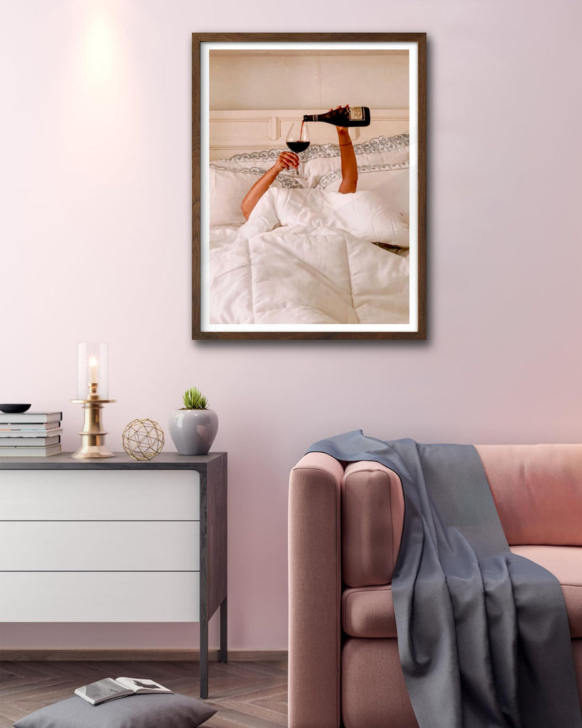 12x16 in Woman Drinking Wine in Bed Framed Wall Art