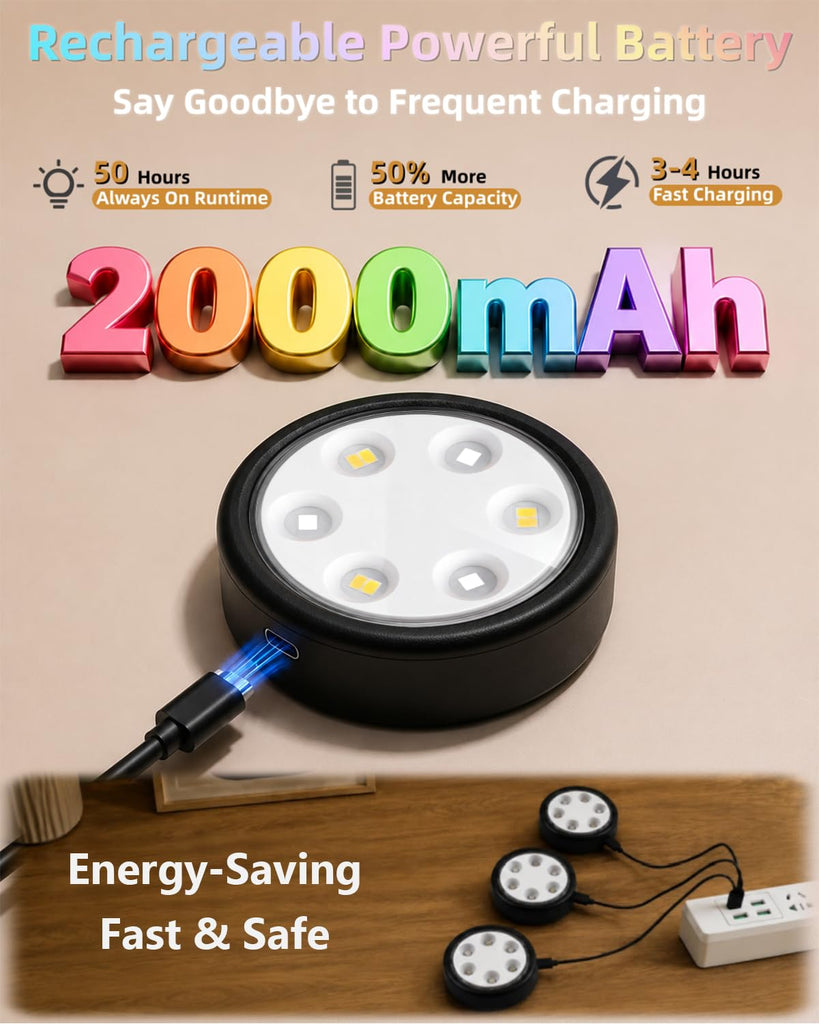 Puck Lights with Remote, 2000mAh Battery Operated Rechargeable Under Cabinet Lighting, 3 Color Temps & 7 RGB Colors