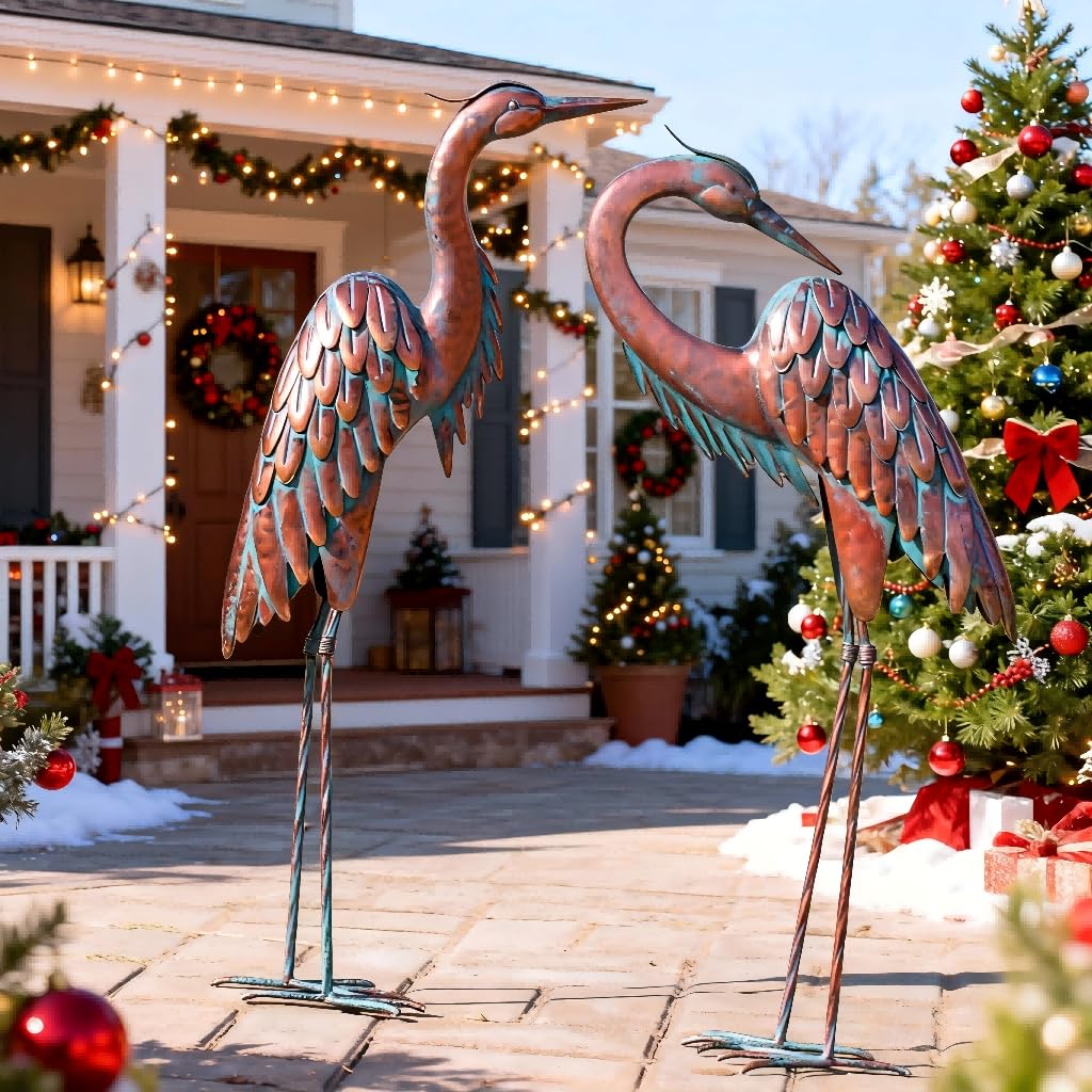 Outdoor Metal Heron Statues, Crane Sculptures for Garden Yard