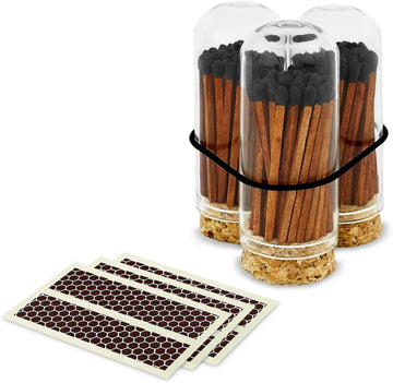 2" Espresso Matches in 3 Mini Cloche Jars + Striker Stickers Included | 100 Brown Stick Black Tip Decorative Matches