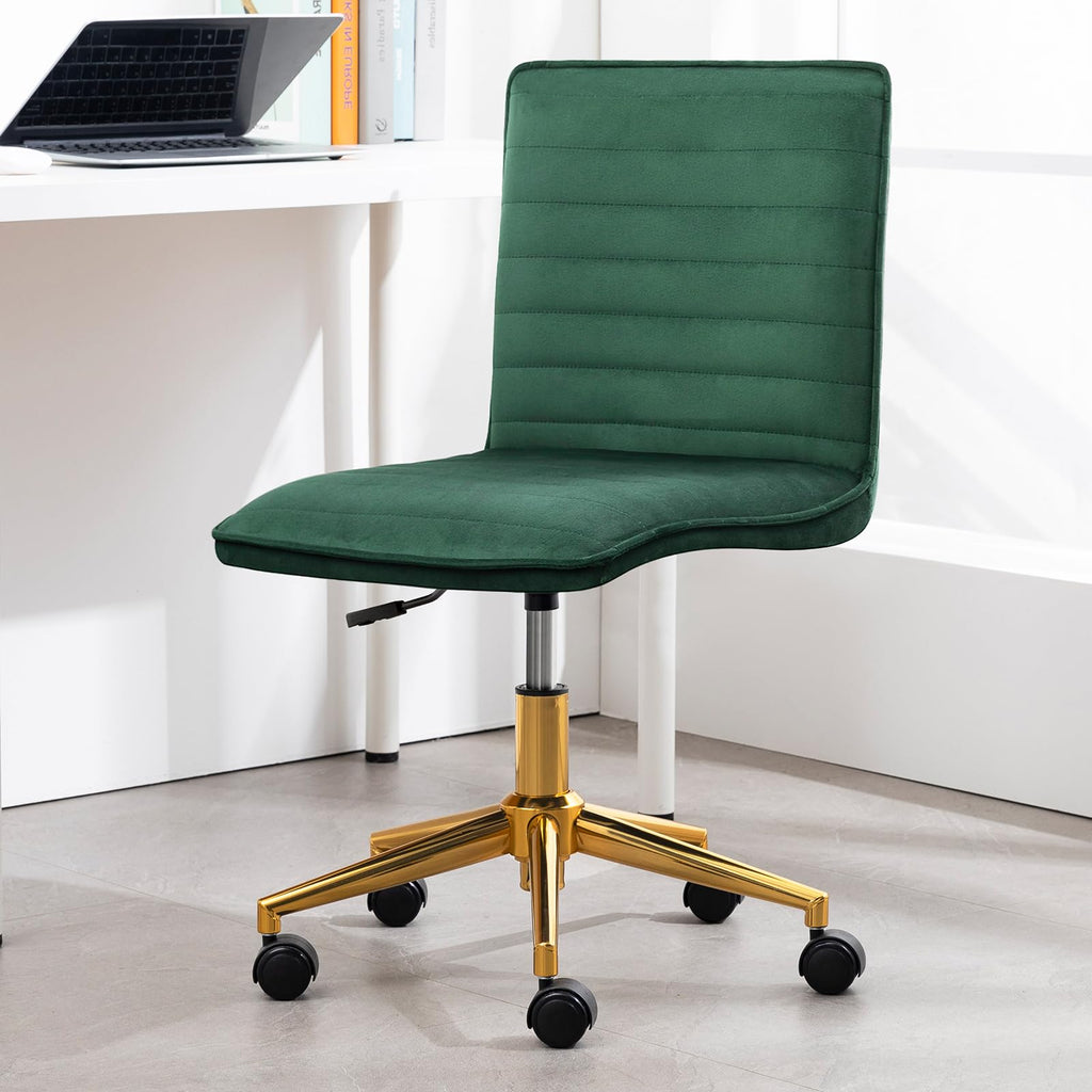 Armless Vanity Chair with Wheels, Computer Rolling Desk Chair with Back Soft Velvet Fabic Height Adjustable Gold