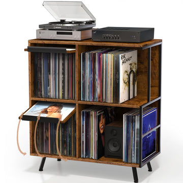 3 Tier Record Player Stand with Flip-Down Record Shelf, Rustic Brown