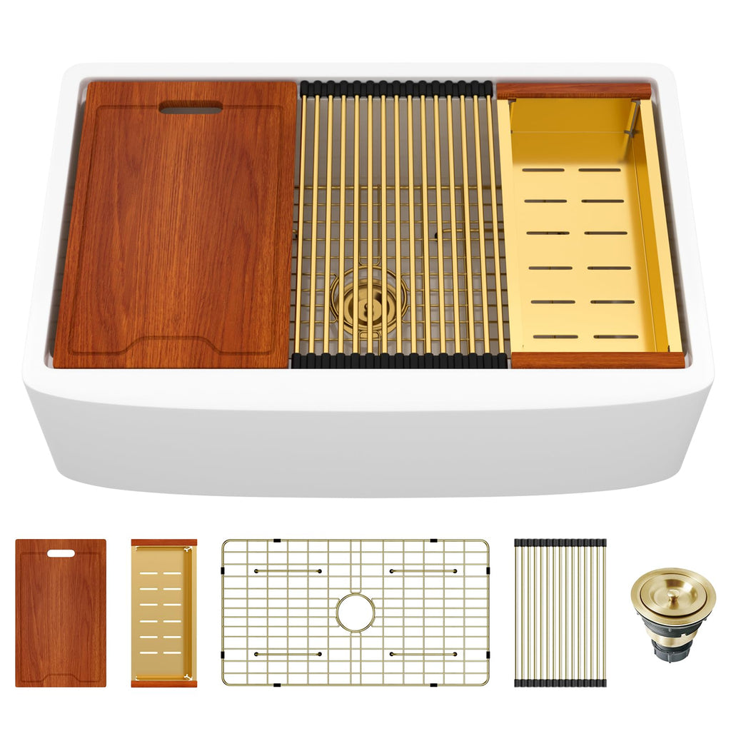 33" White Fireclay Apron Front Farmhouse Sink with Gold Accessories, 33x21x10 All in One Durable Ceramic Workstation