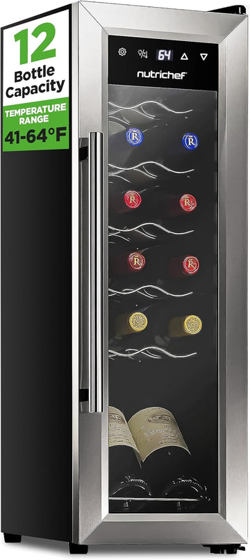 12 Bottle Stainless Steel Slim Wine Fridge | Red & White Wine Chiller | Adjustab