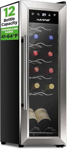 12 Bottle Stainless Steel Slim Wine Fridge | Red & White Wine Chiller | Adjustab