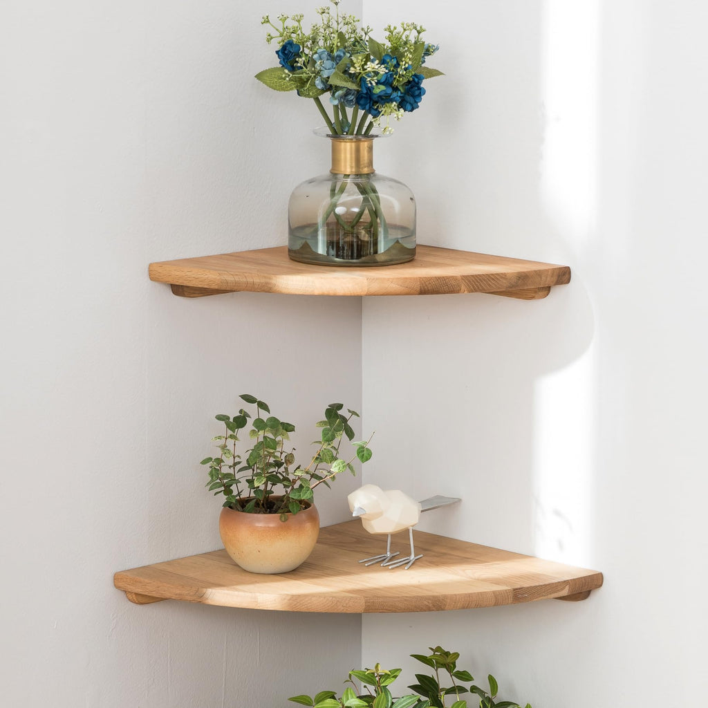 Corner Shelves, Floating Corner Shelf, Set of 2 7inch Solid Oak Wood Wall Shelves, Round End Wall Mount with Wire
